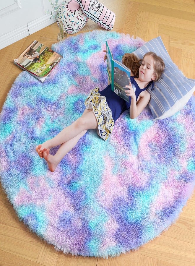 Amdrebio Purple Rainbow Round Rug 4Ft for Bedroom Girls Room Decor, Mermaid Stitch Frozen Kids Rugs for Playroom Nursery Dorm, Fluffy Furry Cute Shag Carpet, Kawaii Circle Area Rugs for Baby Toddler - Image 1